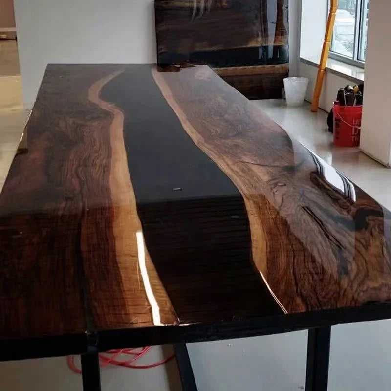 Luxury design most popular solid wood walnut Qinghe transparent epoxy wood resin table