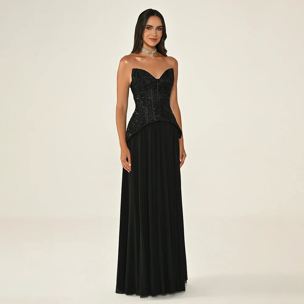 Black Corset Evening Dresses for Women Strapless Backless A Line Chiffon Prom Dresses Floor Length Formal Party Gowns Customized