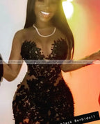 African Black Short Prom Dresses O Neck Long Sleeve Appliques Straight Illusion Sexy Birthday Dress For Baddies Customized