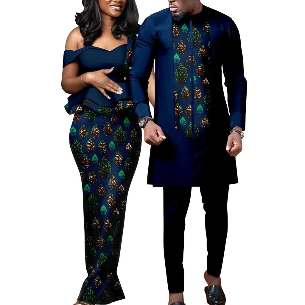 African Dresses for Women Match Bazin Lover Couple Clothes Print Mermaid Evening Dresses Men Outfits Shirt and Pant Sets Wedding