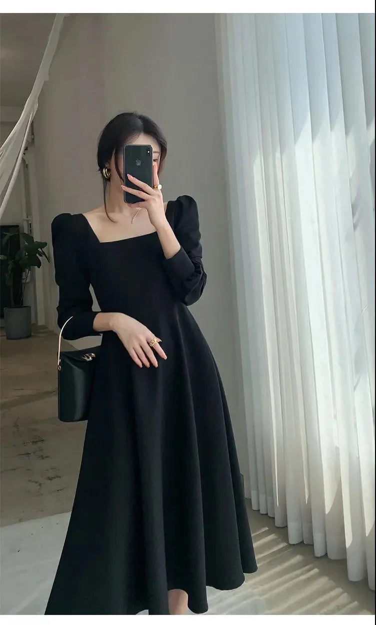 Black Dress Women's 2023 Autumn New Long-sleeved French Retro Hepburn Style Square Neck Dress