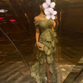 Customized Off the Shoulder Tiered Prom Dresses 2025 Bead Ruffles Layered Evening Party Gown with Split Dusty Green Maxi Dress
