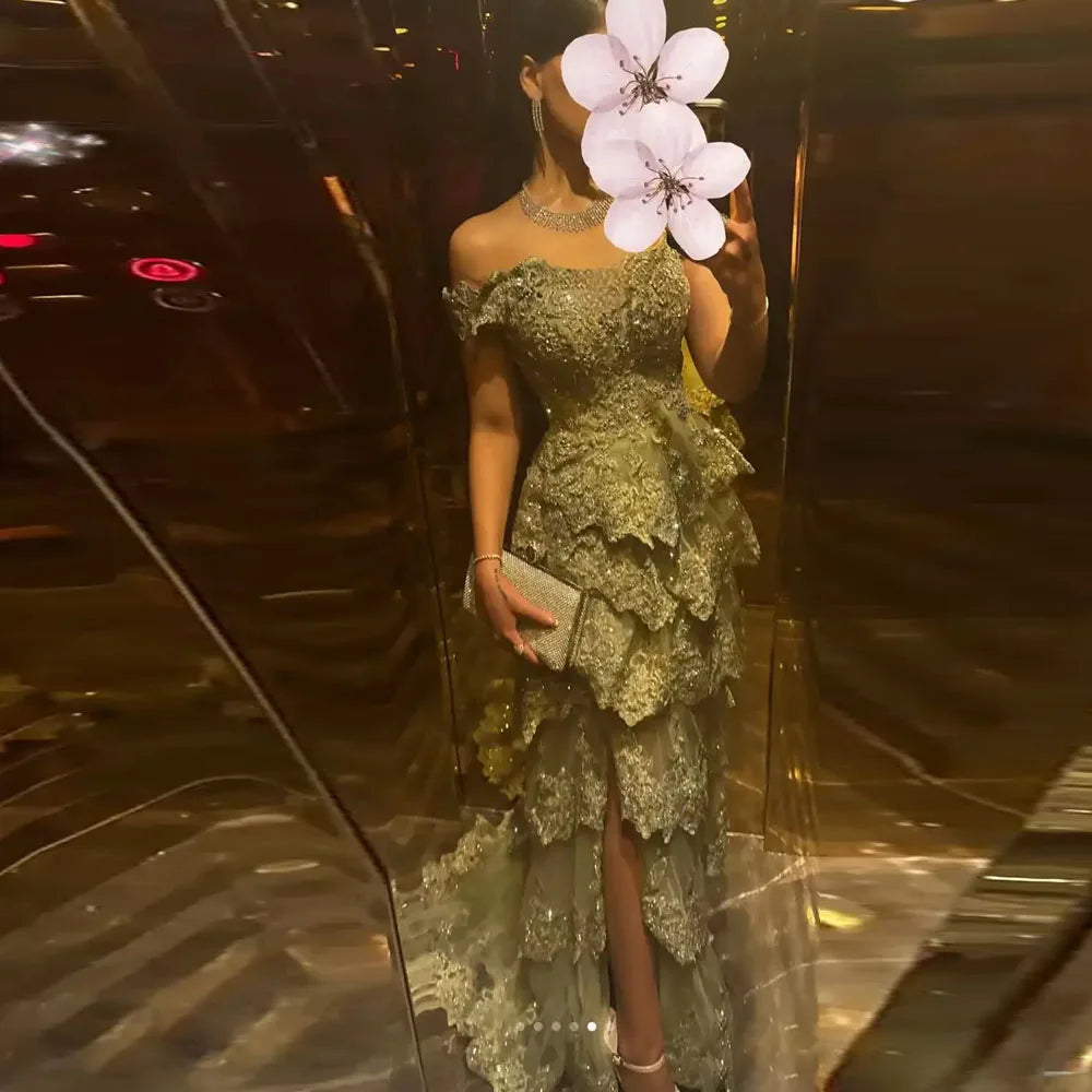 Customized Off the Shoulder Tiered Prom Dresses 2025 Bead Ruffles Layered Evening Party Gown with Split Dusty Green Maxi Dress
