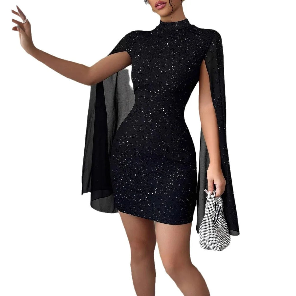 2025 Sexy Elegant Evening Party Dresses Round Neck Pit Stripe Pearl Chiffon Cape Sleeve Wrapped Hip Dress New Fashion Casual