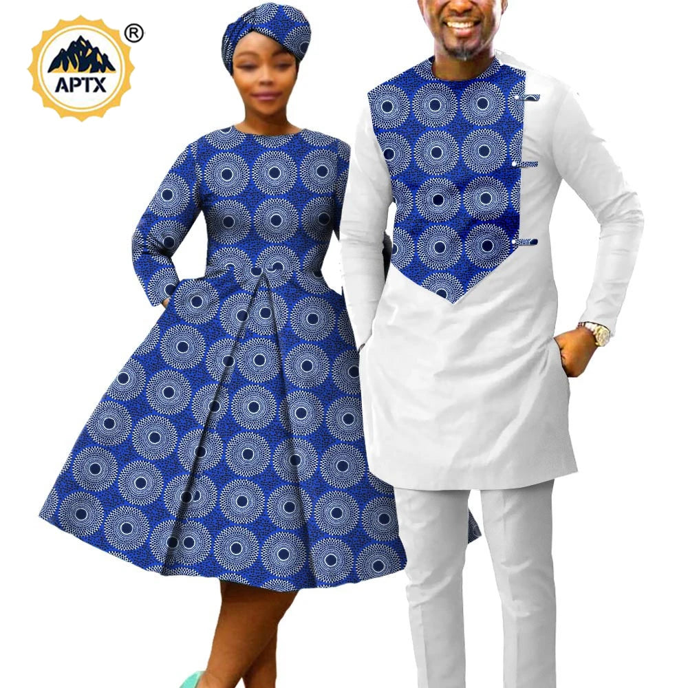 African Print Dresses for Women with Headwrap Matching Couple Outfits Men Patchwork Shirt and Pants Sets Africa Clothing Y22C075