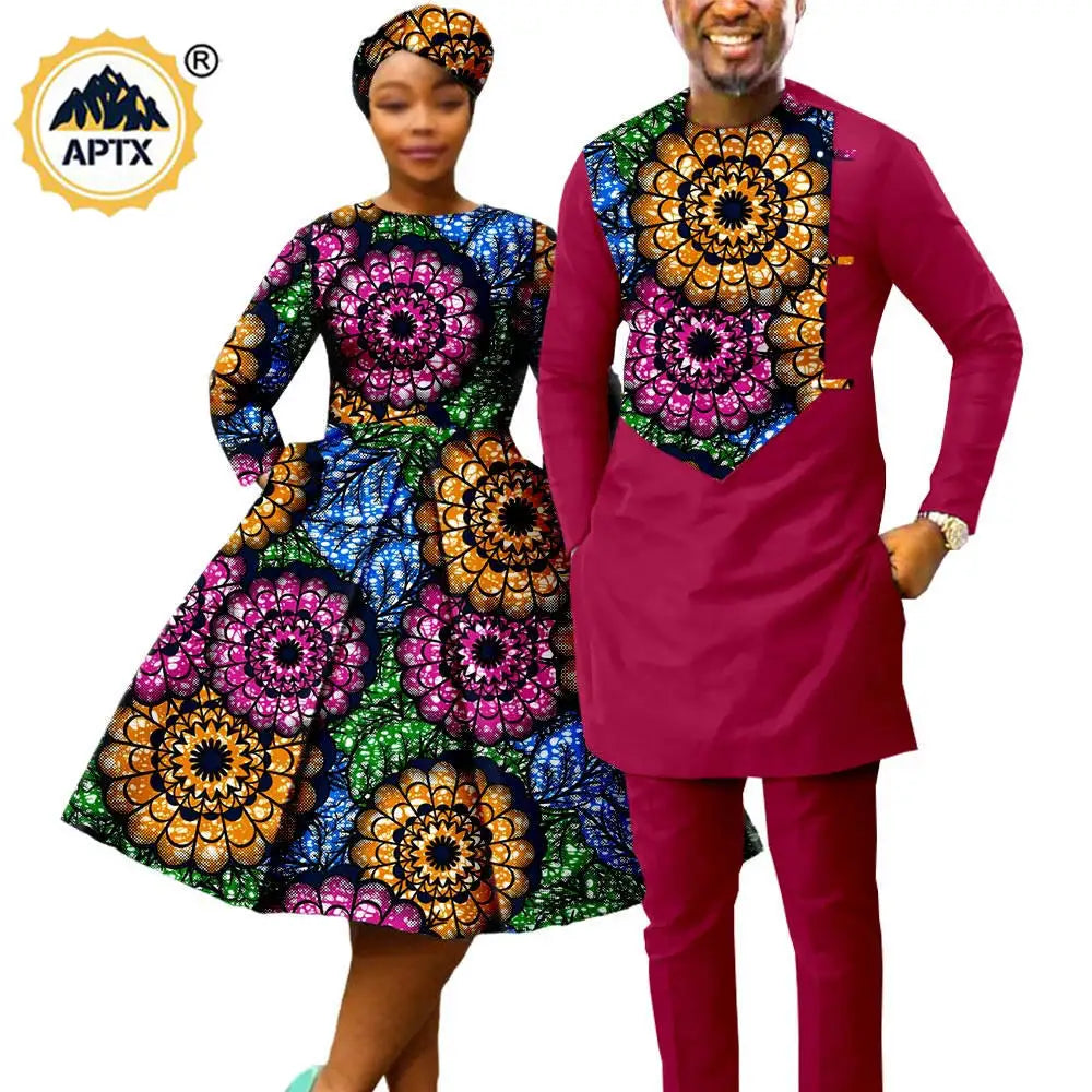 African Print Dresses for Women with Headwrap Matching Couple Outfits Men Patchwork Shirt and Pants Sets Africa Clothing Y22C075