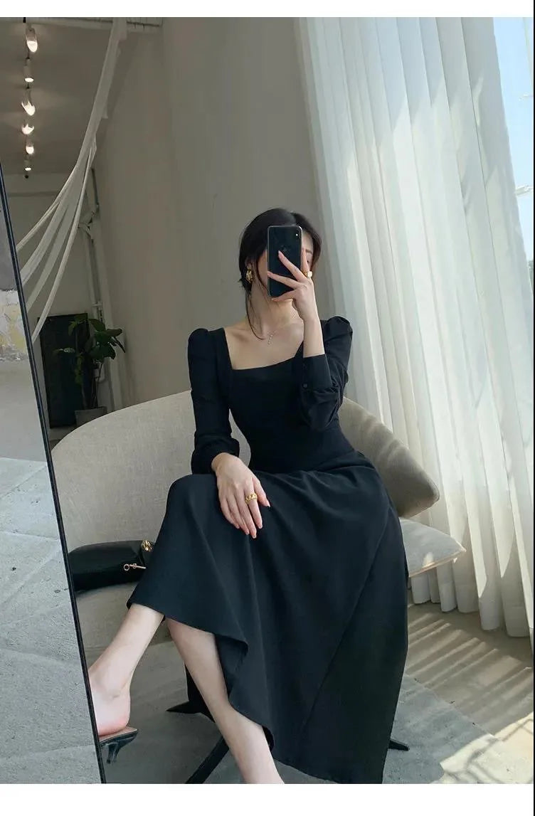 Black Dress Women's 2023 Autumn New Long-sleeved French Retro Hepburn Style Square Neck Dress