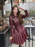 2025 New Fashion PU Leather Dress for Women High Street Trend Long Sleeve Slimming Elegant Pleated Dresses Female Clothing