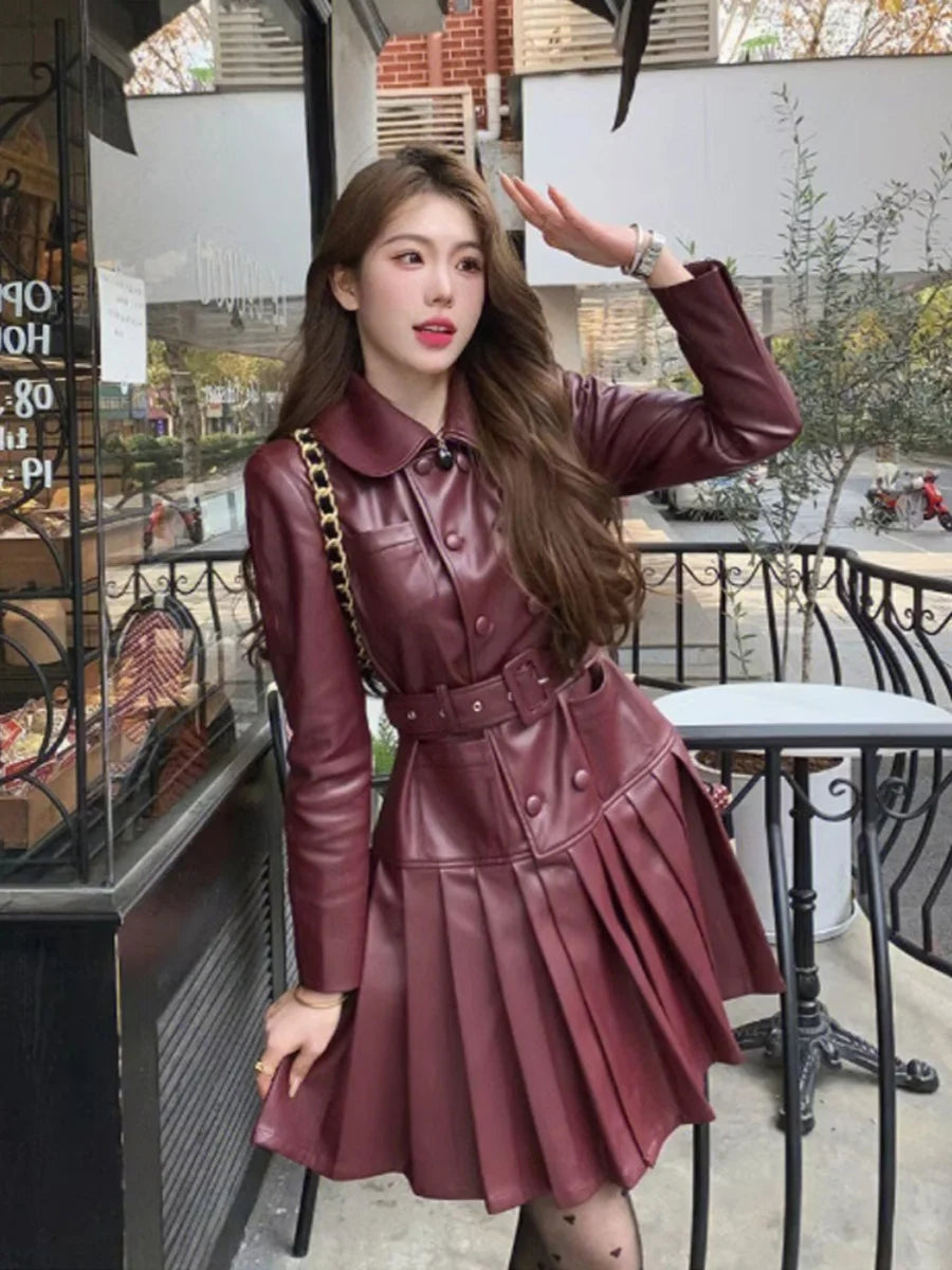 2025 New Fashion PU Leather Dress for Women High Street Trend Long Sleeve Slimming Elegant Pleated Dresses Female Clothing