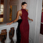 2025 New Women's Elegant Shiny Party Bodycon Robes Sexy Slim Sequins Red Sleeveless Long Dress Fashion Solid Maxi Gown Dresses