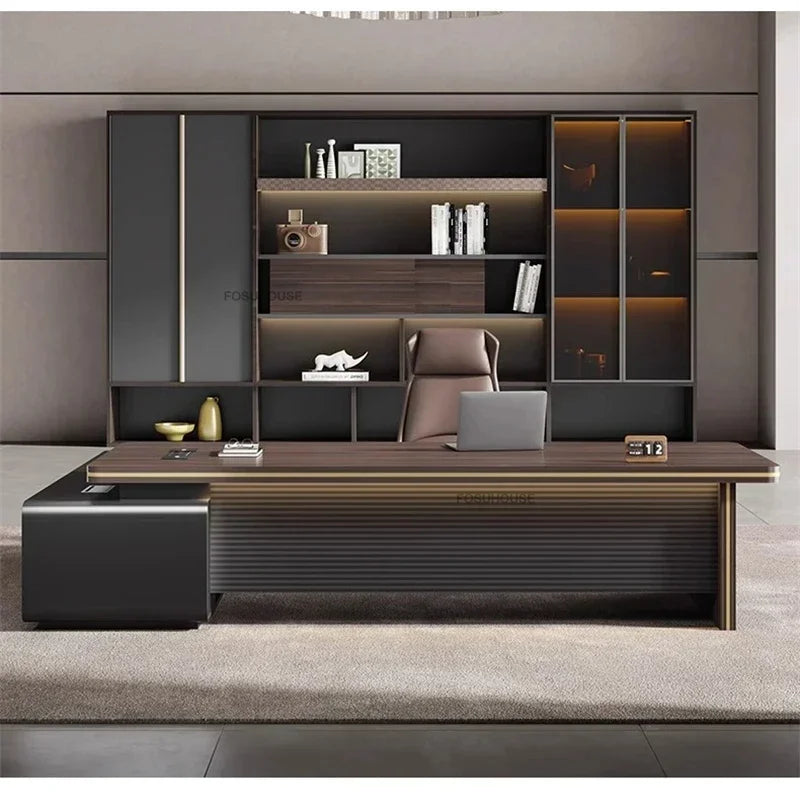 Modern Wooden Boss Office Desks Light Luxury Office Furniture Design with Storage Cabinet Study Desk Commercial President Desk