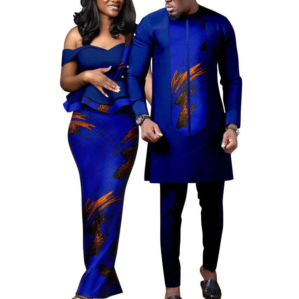 African Dresses for Women Match Bazin Lover Couple Clothes Print Mermaid Evening Dresses Men Outfits Shirt and Pant Sets Wedding