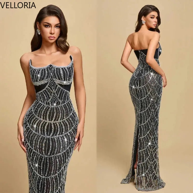 Black Prom Dress Silver Geometric Sequin Mermaid Evening Gown 2025 Structured Corset Vintage Great Gatsby Party Dress Customized