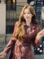 2025 New Fashion PU Leather Dress for Women High Street Trend Long Sleeve Slimming Elegant Pleated Dresses Female Clothing