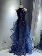 Elegant Sparking Navy Blue Evening Dresses Halt Beading Party Gown Customized Prom Dress 2025 Tiered robes de soirée Sweep Train