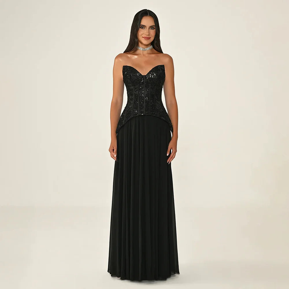 Black Corset Evening Dresses for Women Strapless Backless A Line Chiffon Prom Dresses Floor Length Formal Party Gowns Customized