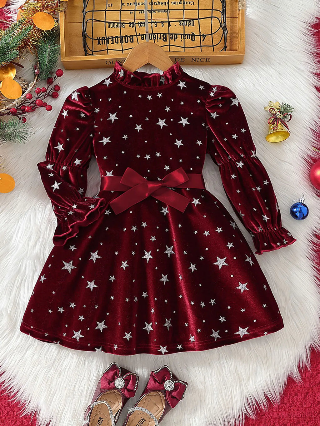 2025 New Year Dress for Girls Winter 3-6Y Kids Star Print Bowknot Long Sleeve Evening Dress Christmas Festive Dress for Girls
