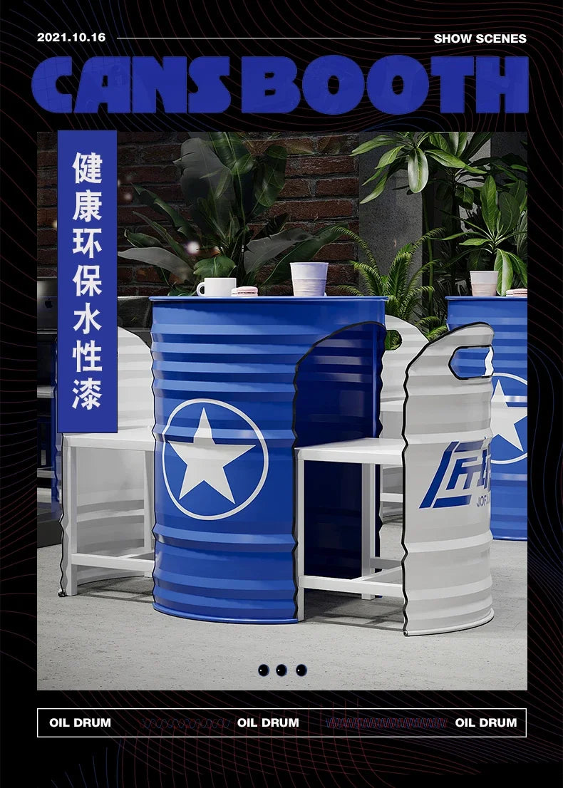 Industrial Style Coffee Shop Courtyard Leisure Area Outdoor Iron Oil Drum Tables and Chairs