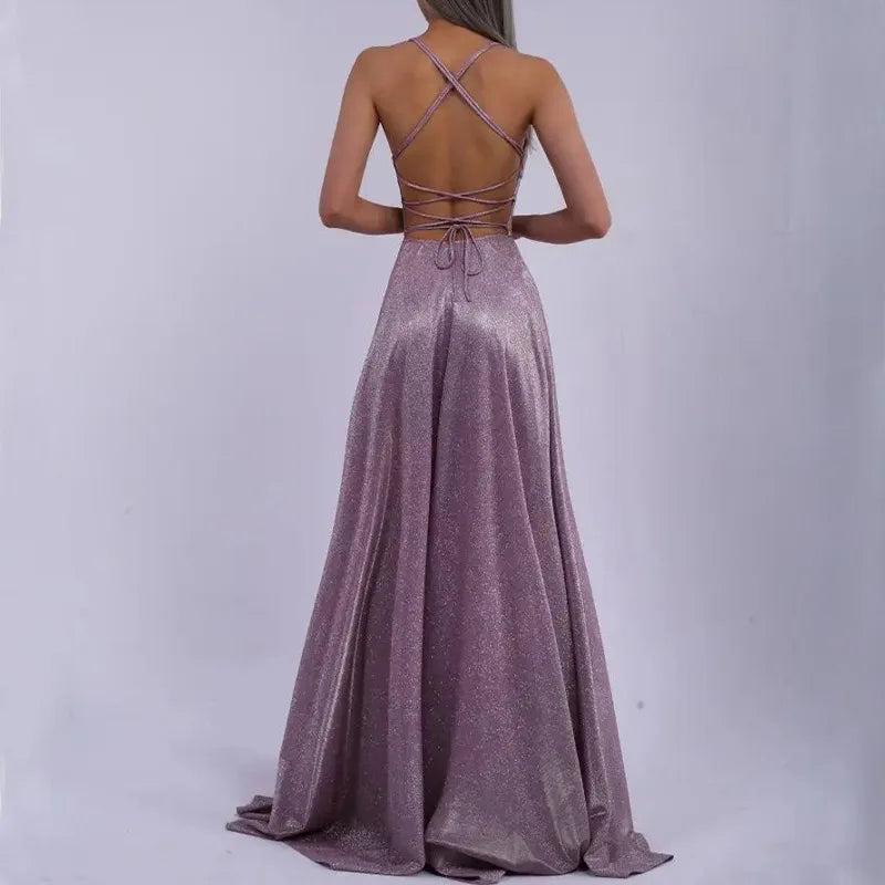 Female Evening Dress Dress 2025 Fashion New Spring And Autumn High Street Suspender Backless Sexy Split Flash Party Banquet