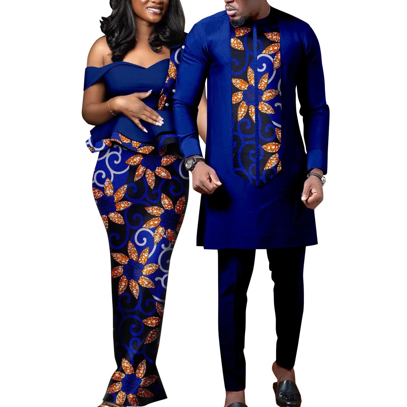 African Dresses for Women Match Bazin Lover Couple Clothes Print Mermaid Evening Dresses Men Outfits Shirt and Pant Sets Wedding