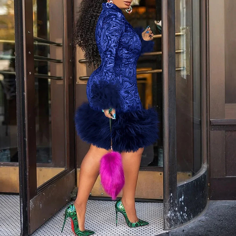 Vintage Mini Dress Women African Spring Feather Fall Sexy Bandage Long Sleeve Africa Bodycon Party Vestidos Birthday Streetwear