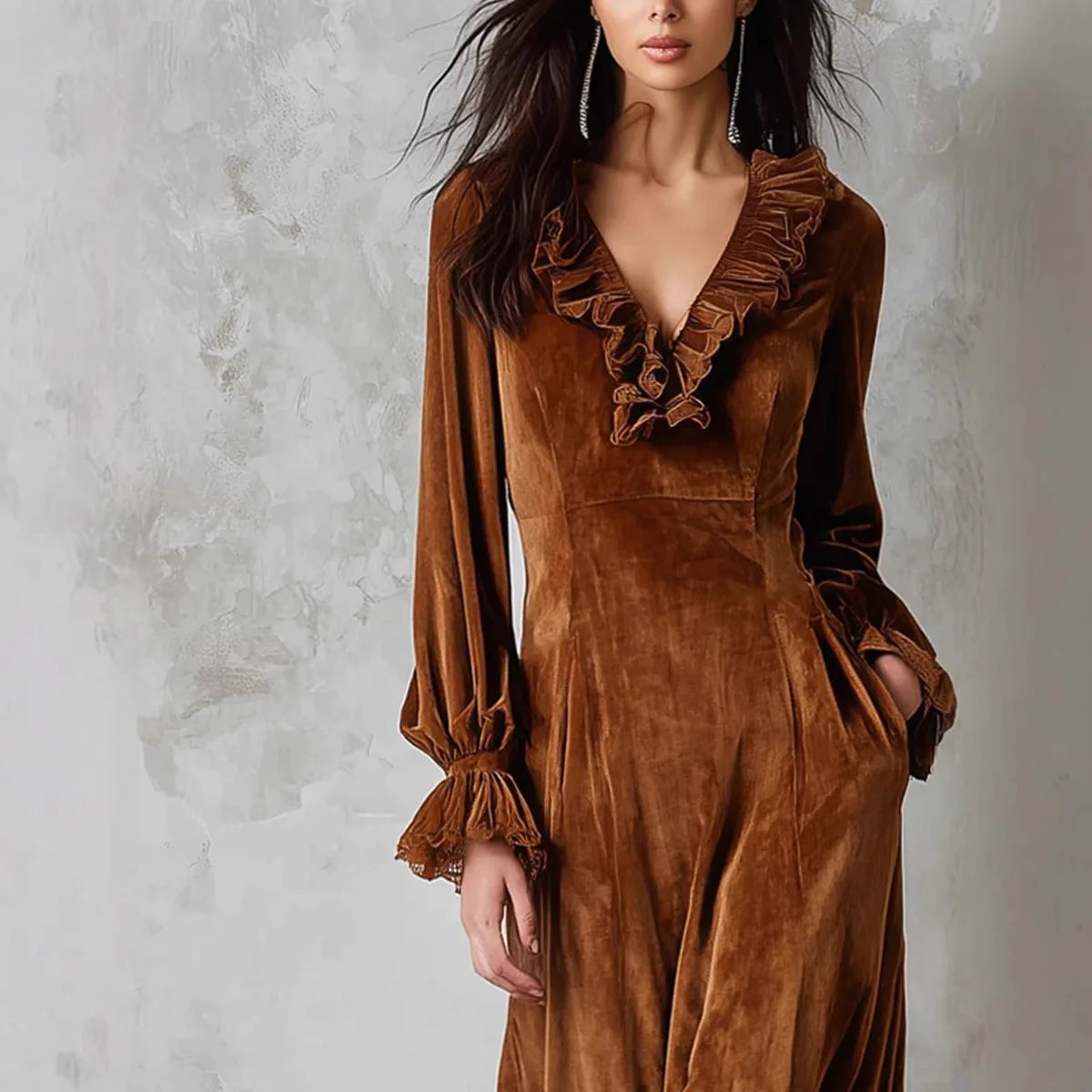 Womens Dresses 2025 Vintage Velvet V-neck Ruffled Lace Spliced Slim Fit Maxi Dress For Women Autumn Winter Elegant Party Dresses