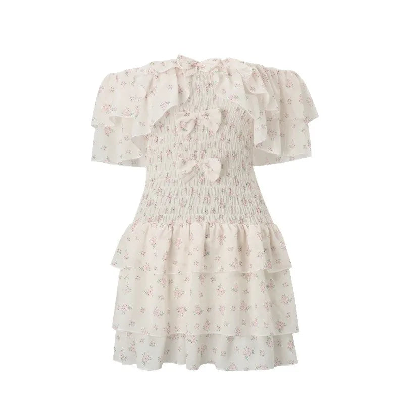 2025 Women's Dress - Sweet Style Sexy V-Neck A-Line Skirt with Waistline and Flowery Cake - Pure Erotic Girl's Dress