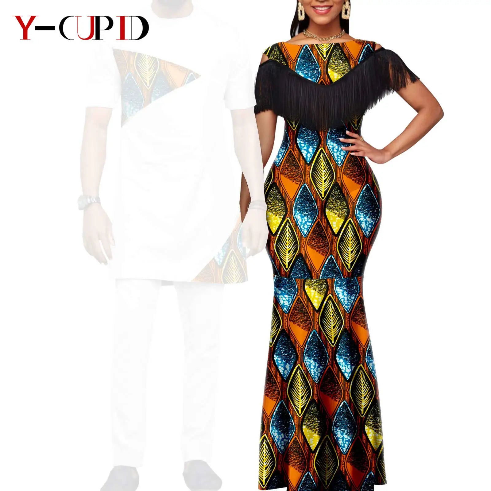 African Dresses for Women Matching Couple Outfits Bazin Riche Dashiki Slim Tassel Print Long Dresses for Party Vestidos Y23C009