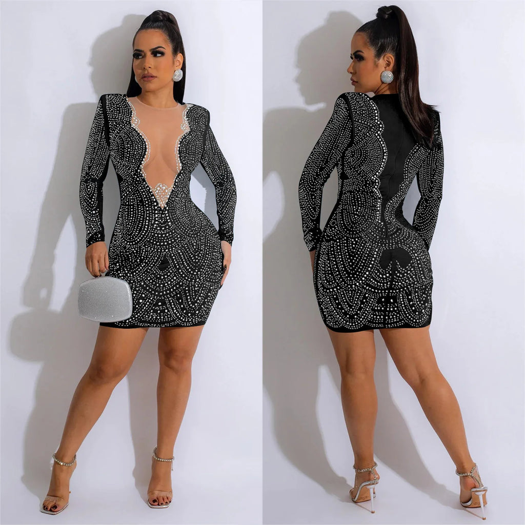 2025 Luxury Smart Evening Dress Women Deep V Neck Long Sleeve Tight Fitting Short Skirt Set With Diamonds Street Banquet Outfits