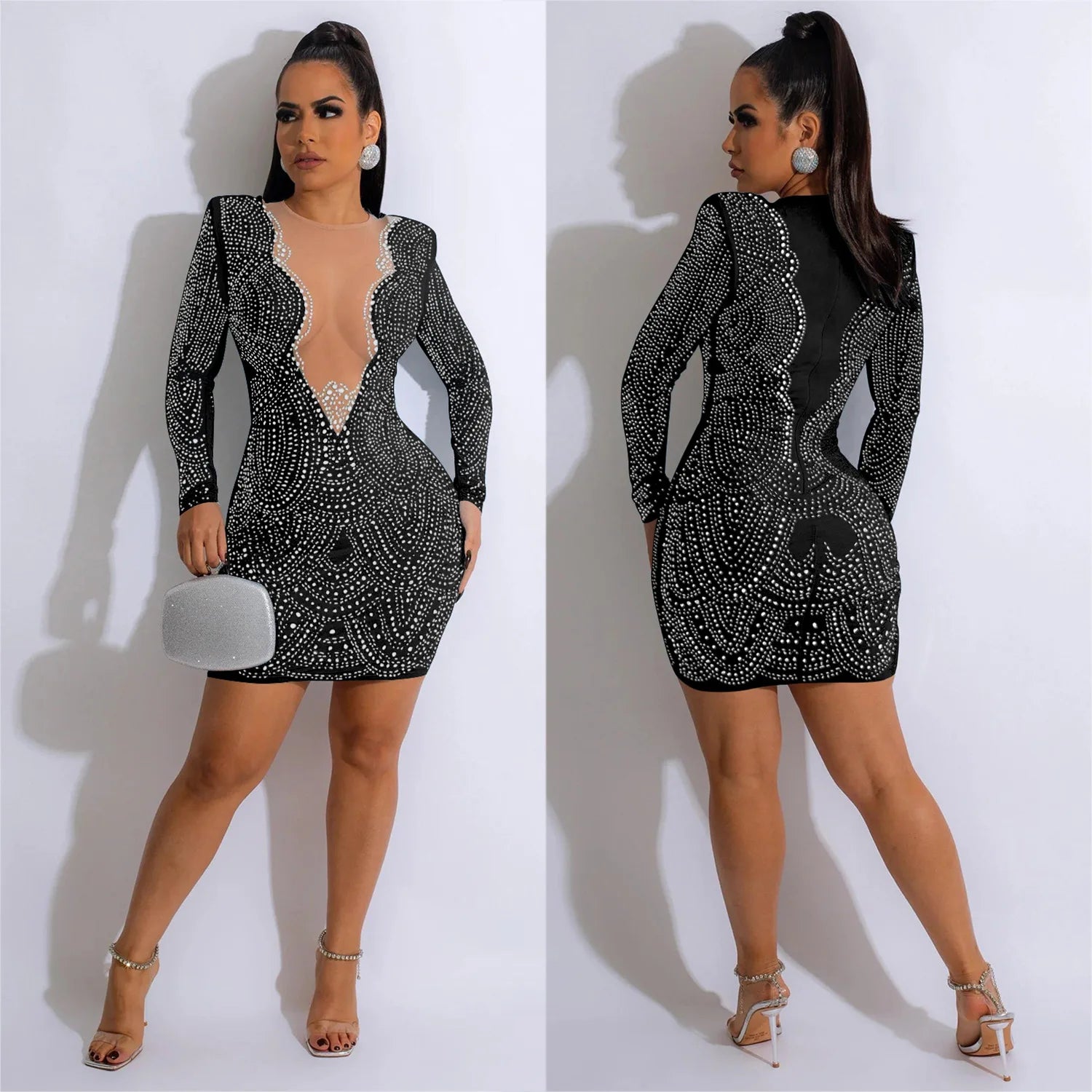 2025 Luxury Smart Evening Dress Women Deep V Neck Long Sleeve Tight Fitting Short Skirt Set With Diamonds Street Banquet Outfits