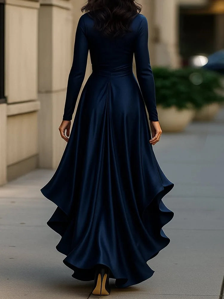 2025 Evening Dress Women's Long Sleeve V Neck High Waist Slim Fit Ruffle Solid Color Elegant Fashion Party Spring Autumn Dress