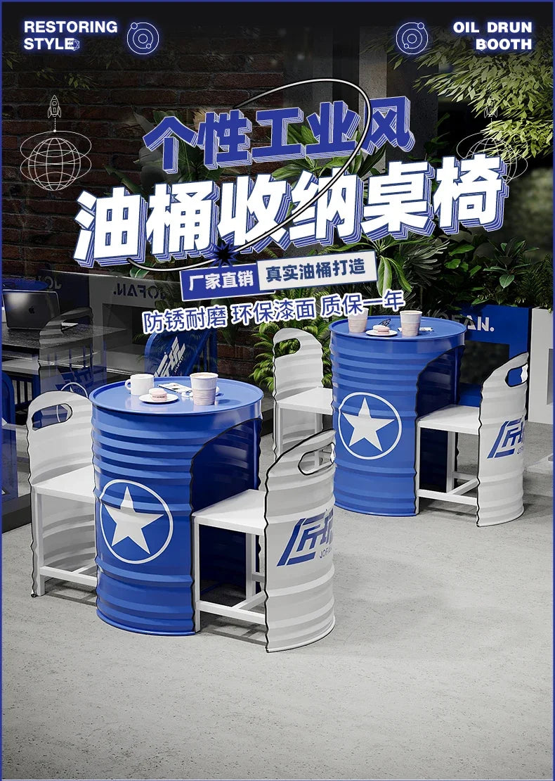 Industrial Style Coffee Shop Courtyard Leisure Area Outdoor Iron Oil Drum Tables and Chairs