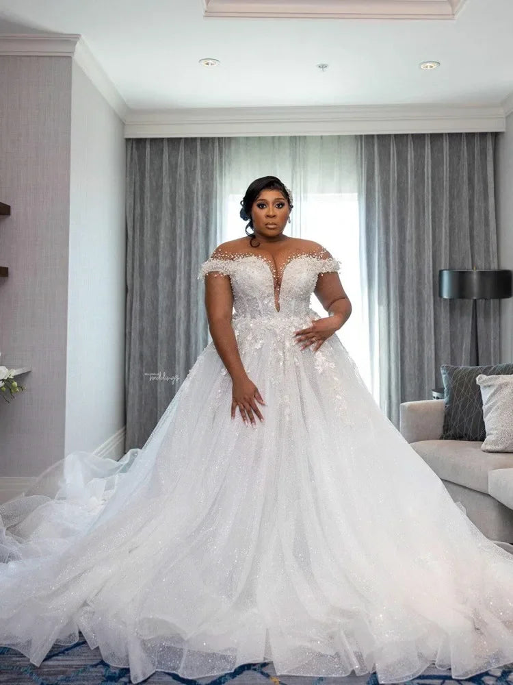 Customized Africa Wedding Dresses for Bride Sheer Neck Lace up Back Sexy Beads Sequins Plus Size Women Garden Bridal Gowns