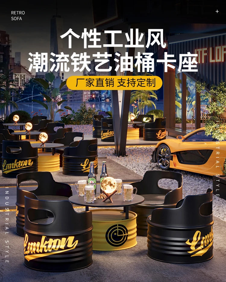 Industrial wind oil drum table and chair combination milk tea barbecue restaurant indoor and outdoor wrought iron furniture can