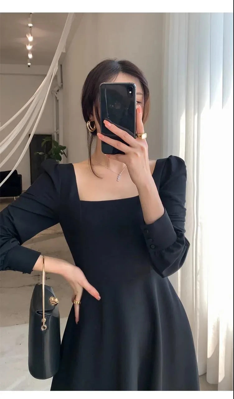 Black Dress Women's 2023 Autumn New Long-sleeved French Retro Hepburn Style Square Neck Dress