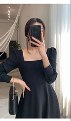 Black Dress Women's 2023 Autumn New Long-sleeved French Retro Hepburn Style Square Neck Dress