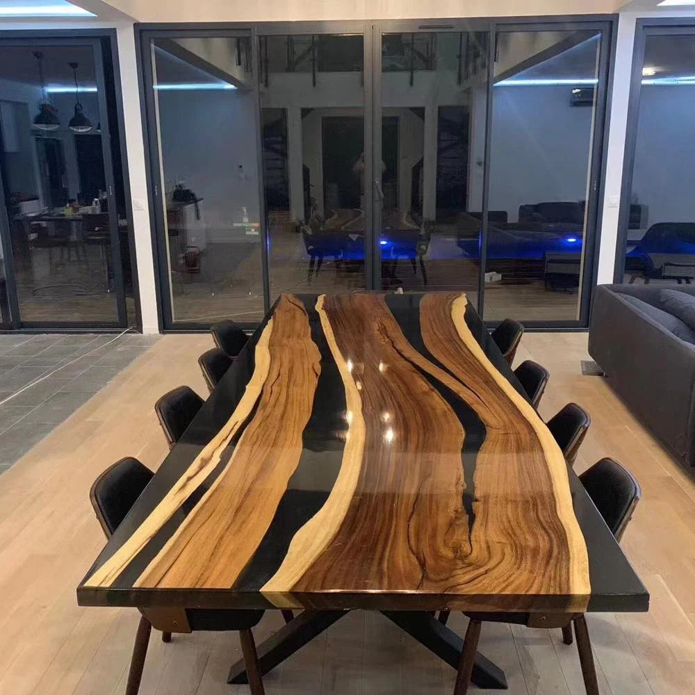 Luxury design most popular solid wood walnut Qinghe transparent epoxy wood resin table