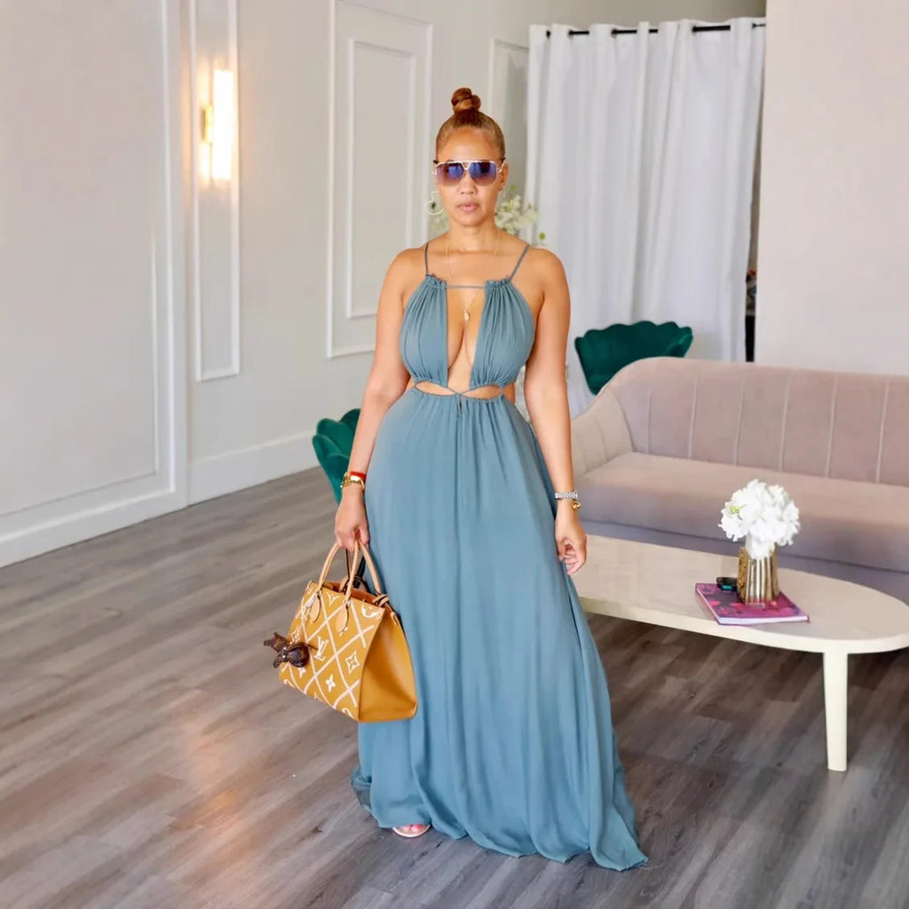 2025 Women's Dress Summer Holiday Solid Long Dresses Sexy Drawstring Lace Up Sleeveless Vestidos Para Mujer Club Party Outfits