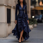 2025 Evening Dress Women's Long Sleeve V Neck High Waist Slim Fit Ruffle Solid Color Elegant Fashion Party Spring Autumn Dress