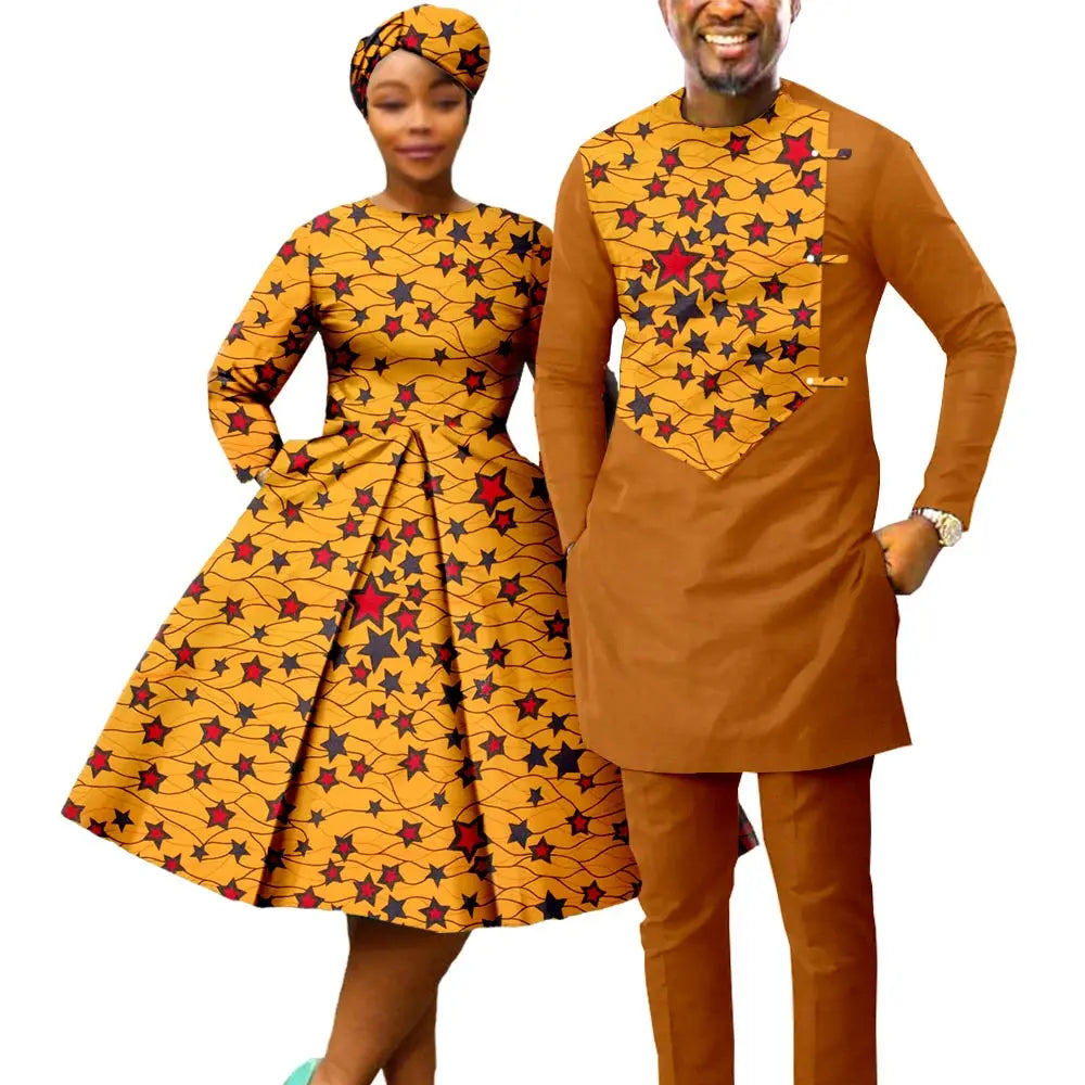 African Print Dresses for Women with Headwrap Matching Couple Outfits Men Patchwork Shirt and Pants Sets Africa Clothing Y22C075