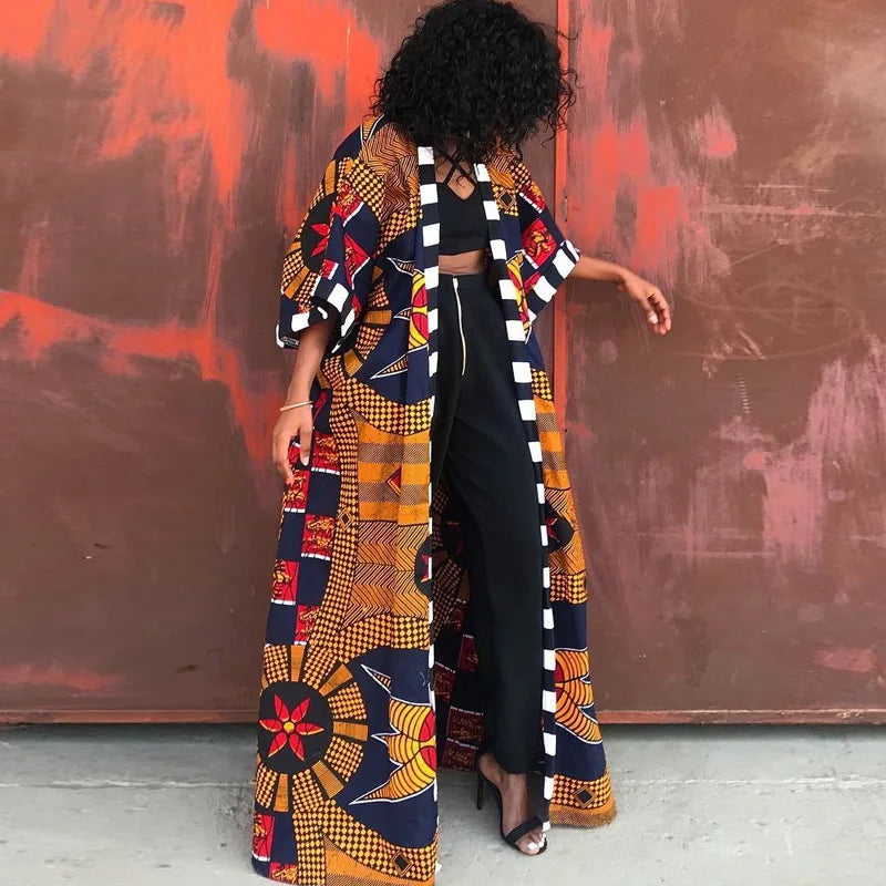 African Dresses for Women African Ethnic Print Loose Long Trench Coat Streetwear Dashiki African Clothes Cardigan African Kimono
