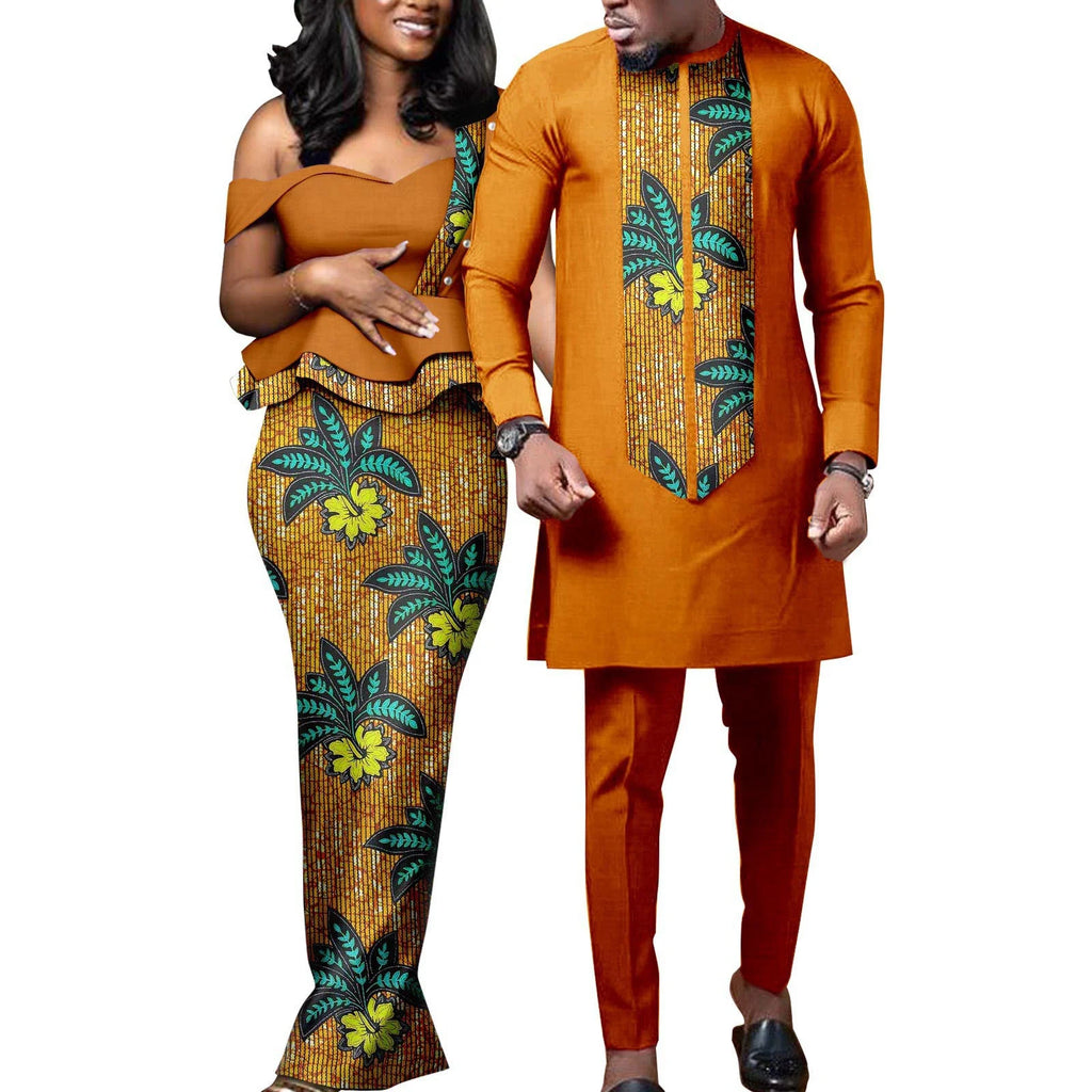African Dresses for Women Match Bazin Lover Couple Clothes Print Mermaid Evening Dresses Men Outfits Shirt and Pant Sets Wedding