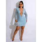 2025 Luxury Smart Evening Dress Women Deep V Neck Long Sleeve Tight Fitting Short Skirt Set With Diamonds Street Banquet Outfits