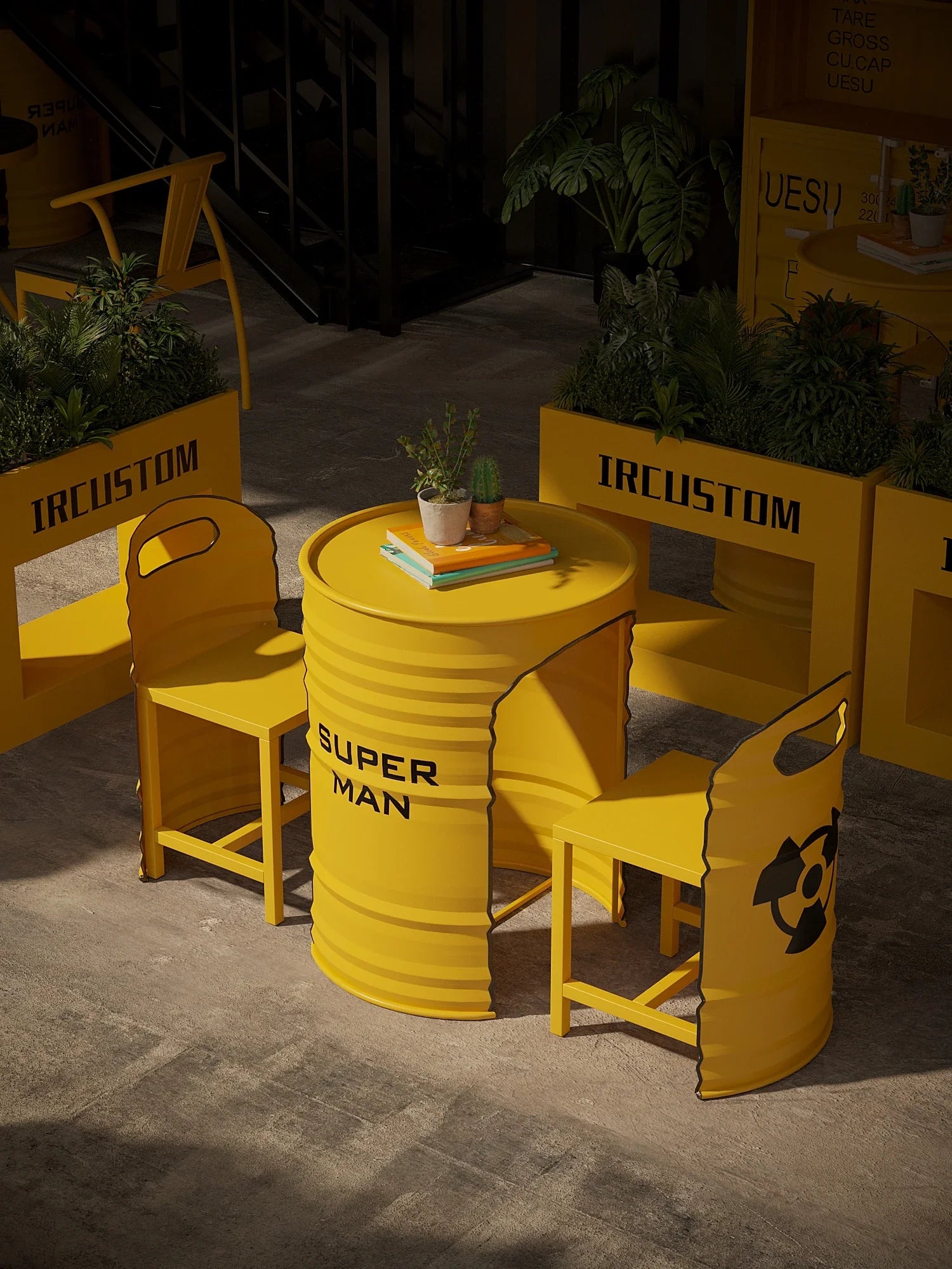 Industrial Style Coffee Shop Courtyard Leisure Area Outdoor Iron Oil Drum Tables and Chairs