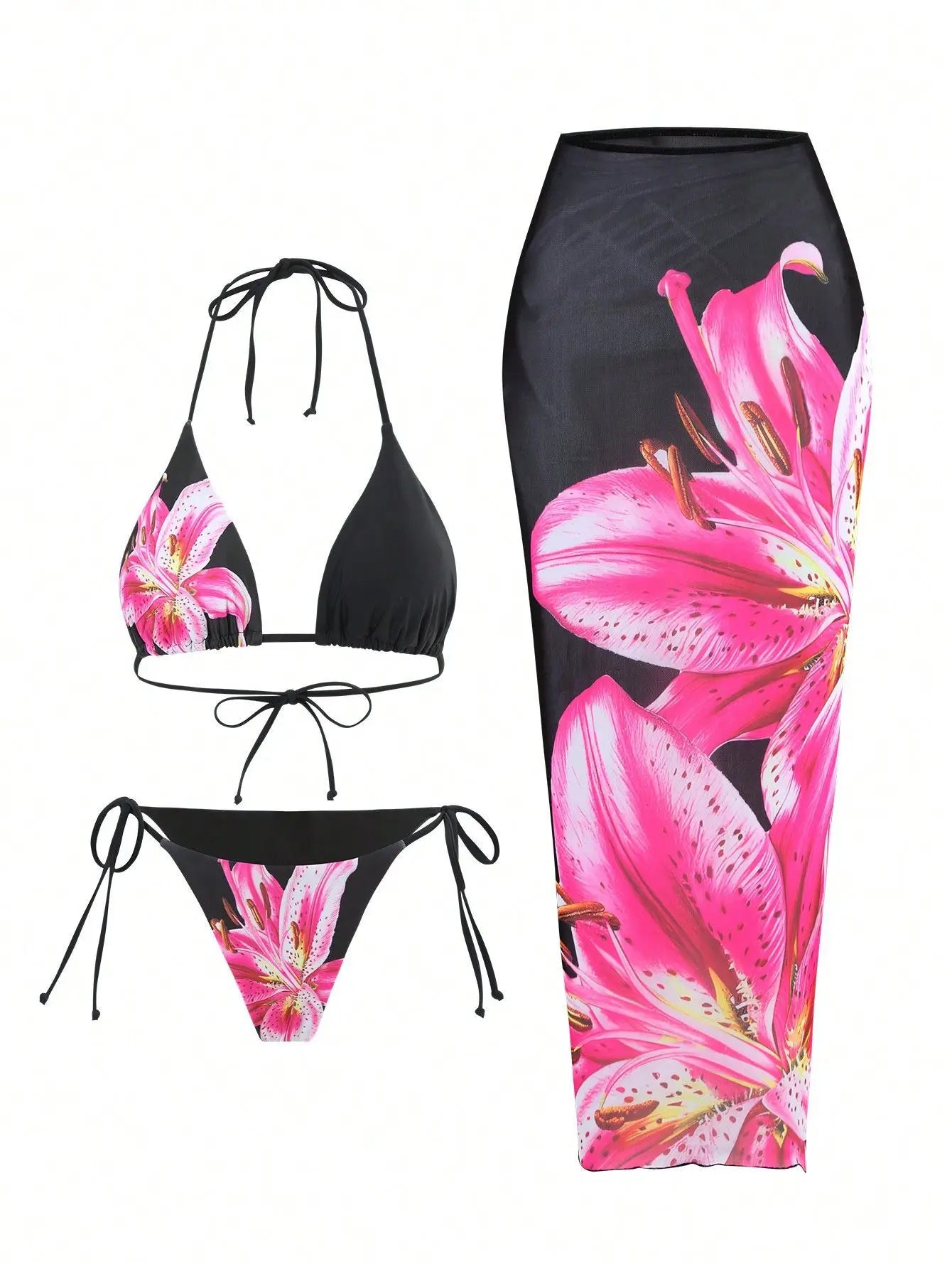 Black bikini set with pink floral design and matching skirt on a white background