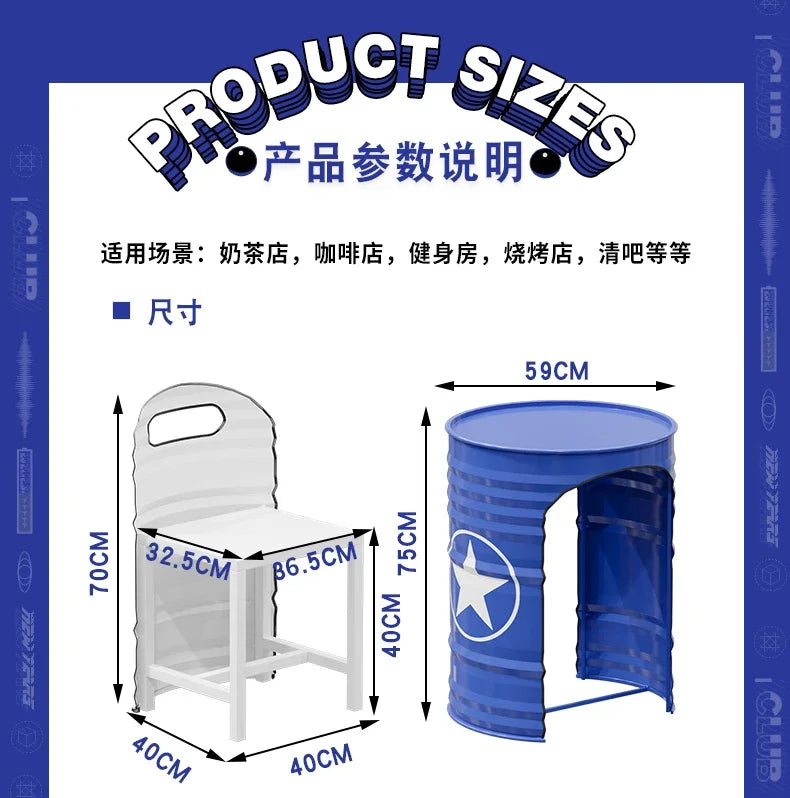 Industrial Style Coffee Shop Courtyard Leisure Area Outdoor Iron Oil Drum Tables and Chairs