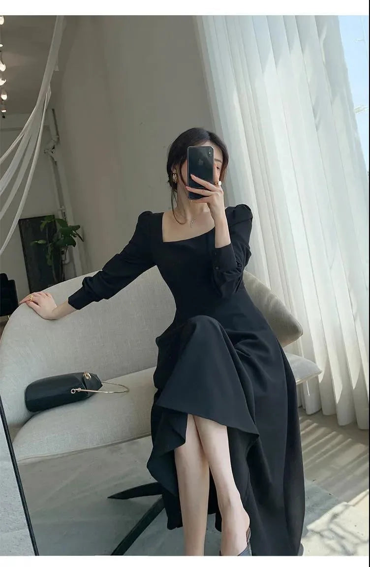 Black Dress Women's 2023 Autumn New Long-sleeved French Retro Hepburn Style Square Neck Dress