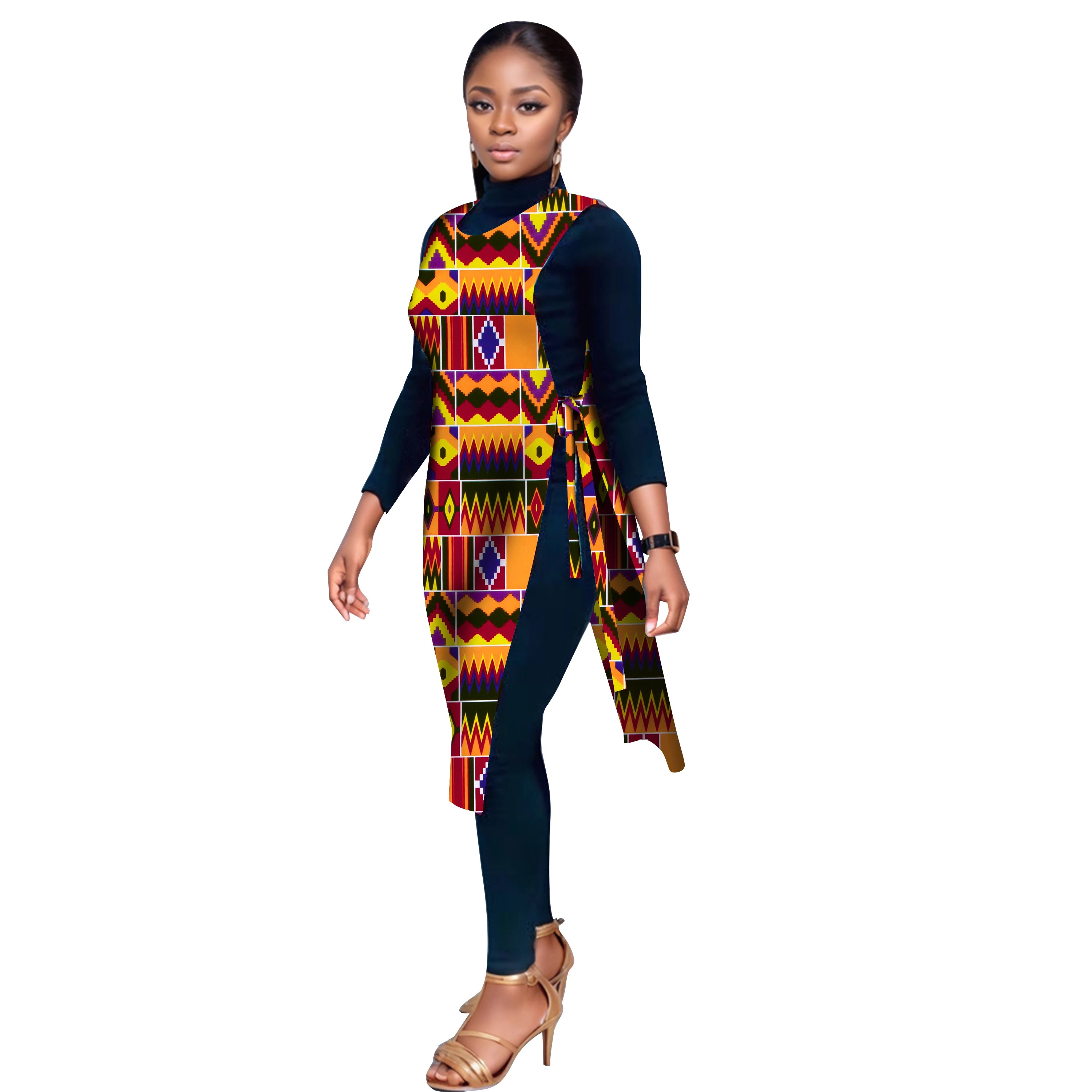 BRW Women Vest Dress with Belt Traditional Dress Party Clothing Midi African  Female Clothes Korean Ankara Wyb907