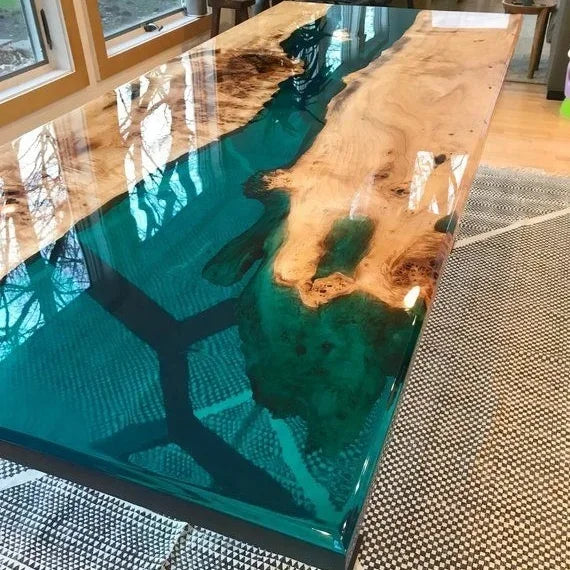Luxury design most popular solid wood walnut Qinghe transparent epoxy wood resin table