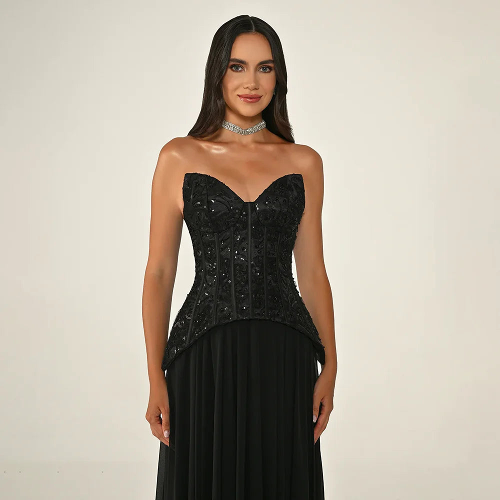 Black Corset Evening Dresses for Women Strapless Backless A Line Chiffon Prom Dresses Floor Length Formal Party Gowns Customized